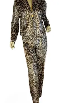 VINTAGE 1980'S ANNE FAIRBANKS II BLACK. & TAN LEOPARD PRINT PANT SET (10)