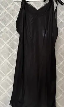 Delicates Black Satin Like Lace Chemise Lingerie Semi Sheer Maxi Slip Dress L
