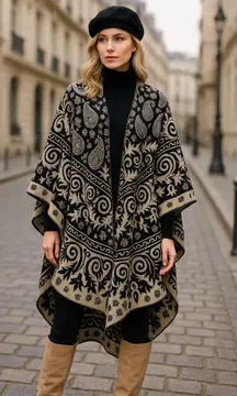 Vintage Black & Cream 100% Pashmina Shawl Poncho – Boho Parisian Style (S/M)