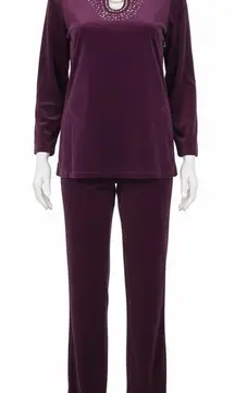 Quacker Factory Velour Lounge Set M Purple Purple Embellished Top Pants Casual