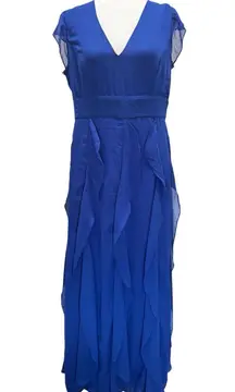 Lace & Mesh Electric Royal Blue Full Length Chiffon Layered Ruffle Maxi Dress