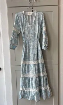 Nicoblu Antoinette 6 Small Blue Maxi Dress Lace French Toile Coastal Cottage