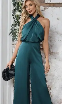 JJ’s House Halter Sleeve Satin Maxi Jumpsuit Romper #418670 Sz XL Peacock Satin