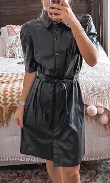 Black Pleather Button Up Dress