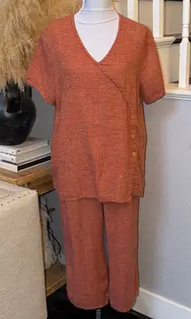 Flax 100% Linen Burnt Orange Two Piece Set Size Small | Top & Pants