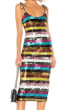 X by NBD Desdemonda Embellished Sequin Multi Color Stripe Midi Dress Siz…