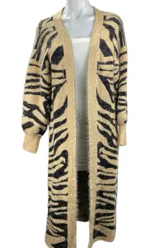 Women's Beige Black Tiger Print Eyelash Knit Longline Cardigan Sweater Top Sz S