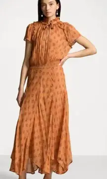 Polo Ralph Lauren Block Print Georgette Tie Neck Dress in Medallion Woodblock