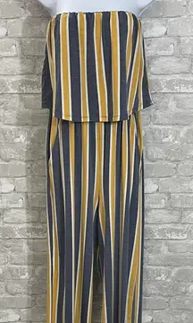 Gypsies & Moondust Strapless Jumpsuit in Navy and Mustard Stripes