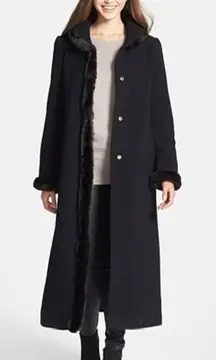 Ellen Tracy Black Faux Fur Trim Wool Blend Long Winter Coat Size 14