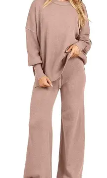 ANRABESS Women’s Knit Crewneck Sweater Lounge Set Tan Wide Leg Pants Size Large
