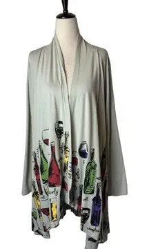 A Walk in the Park Sweater Women XL Gray Wine Bottle Print Cardigan Boho Preppy