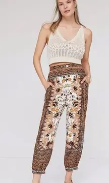 Anthropologie Brown and Cream Floral Cropped Pants
