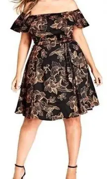 City Chic Black Floral Off Shoulder Ruffle Dress Women's Size Large NWT