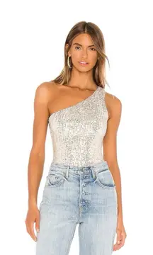 Superdown Remi One Shoulder Bodysuit Gold Sequins Button Snap Size XS