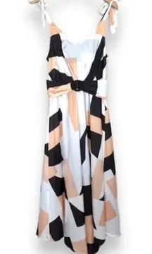 CBR ChicMe black tan geometric print tie shoulder belted midi dress M NEW