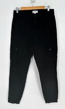 Evereve Tessa Cargo Jogger Pant Crop Linen Blend Herringbone Black Women's 29