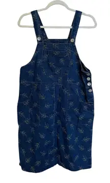 Coldwater Creek‎ Denim Overall Dress Embroidered Leaves Harvest Print Size Small