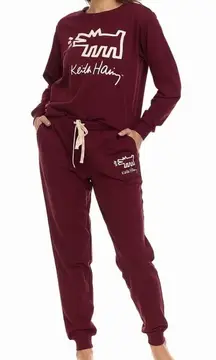 NWT Keith Haring Women's 2 Piece Fleece Lounge Pajama Set, (Burgundy Small)