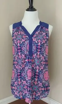 NEW Modcloth Blue & Pink Boho Floral Fleur De Lis Medallion Sleeveless Blouse S