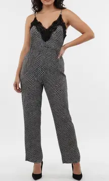 MARGOT JOSEPH Black White Polka Dot Lace Trim Jumpsuit Wide Leg L