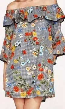 Zara Basic checkered & Liberty floral print mini dress S bell sleeves