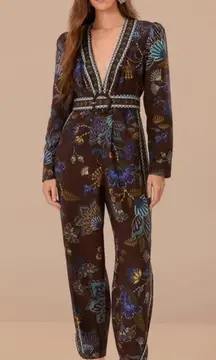 Farm Rio Brown Embroidered Garden Floral print V Neck Jumpsuit