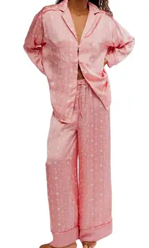 Free People Dreamy Days Floral Print Satin Pajama Set in FloralCoral Sz XS NWT
