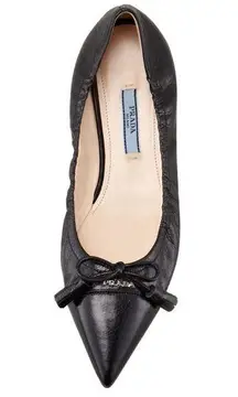 Prada Black Leather Cap toe logo embellish bow tie stretch ballerina flats EU 38