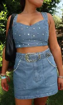 Show Me Your Mumu Shania Skirt in Indigo Rhinestone Denim L NWT