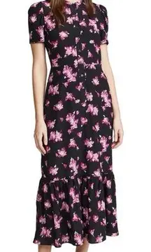 Dylan Floral Flounce Button-Up Midi Dress in Pink Floral Multi Sz 4