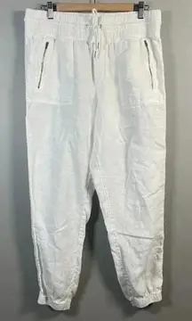 Athleta Cabo Linen‎ Jogger Pants Women's Size 12 White Pull On Elastic Pockets