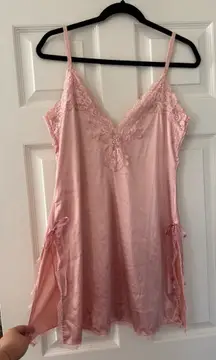Pink Satin Double Slit Bow Lace Trim Slip Dress  