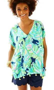 Lilly Pulitzer Sydney Caftan Top Tassel Resort Navy Uptown Trunk Size S/M