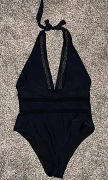 Black Halter One-Piece Swimsuit with Mesh Detail - Size Large