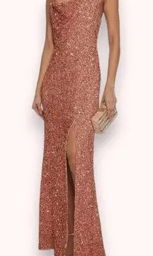 Alice + Olivia Diana Sequined Cowl Neck Slit Gown Antique Rose Pink Dress Size 0