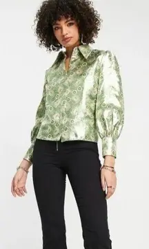 NWOT Topshop Metallic Green Floral Women 2 Button Up  70's Vibes Retro Shirt