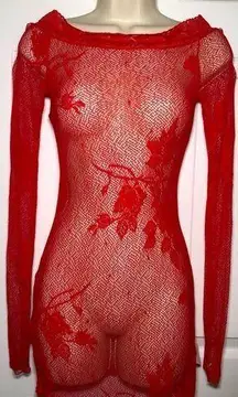 NWT Red Long Sleeve See-through Lace Teddy Lingerie One size