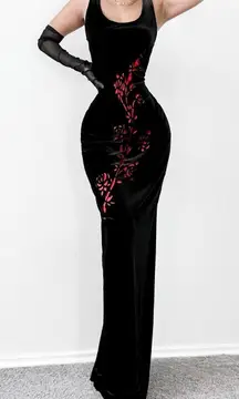 Vintage Velvet Black Red Floral Maxi Bodycon Knit Cocktail Formal Dress Size M/L