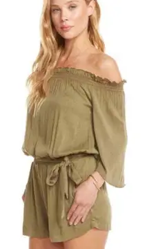 CHASER Olive Green Romper Womens Small Off Shoulder Ruffle Drawstring Boho