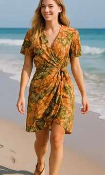 Vintage GILLIAN Tropical Floral Abstract Leaf Print 100% SILK dress wrap dress