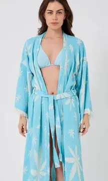 Women's Blue + White Leaf Patterned Robe One Size New 100% Organic Cotton NEW
