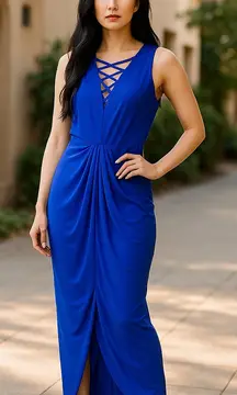 Miss Avenue Blue Sheath Maxi Dress with V-Neck and Slit
