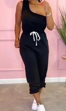 ONE shoulder top with joggers. Black with white drawstring. Small