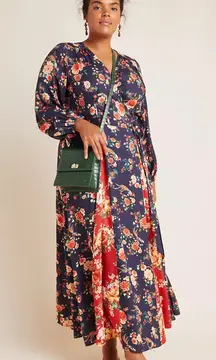 Farm Rio Floral Maxi wrap Dress in Navy blue and Red 2X Anthropologie boho