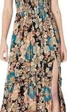 Angie Womens Floral Smocked Lace Up Back Maxi Dress Small boho bohemian