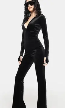 NWT Edikted Cara Velvet Hooded Wide Leg Jumpsuit Black Size Small