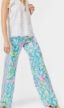 Lilly Pulitzer Lorena Breezy Sink Swim Blue Pink Wide Leg Palazzo Pullon Pants L