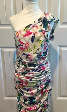 Express 12 Tropical Floral One Shoulder Ruched Dress