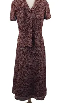 Vintage 90s Floral Print Skirt Set Matching Blouse & Midi Skirt Pink Maroon 8 P